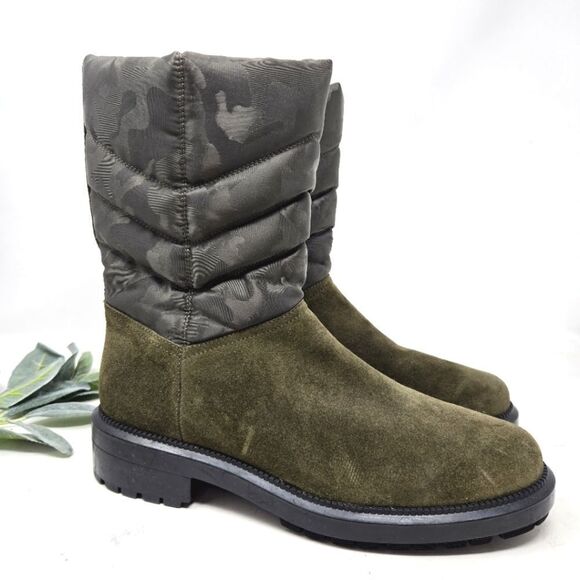 AQUATALIA Lori Waterproof Boots Olive Green Suede | Camo Nylon Size 8 - Picture 1 of 11